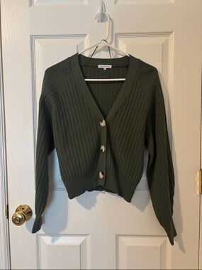 Crescent Dark Olive Ribbed V-Neck Button Cardigan